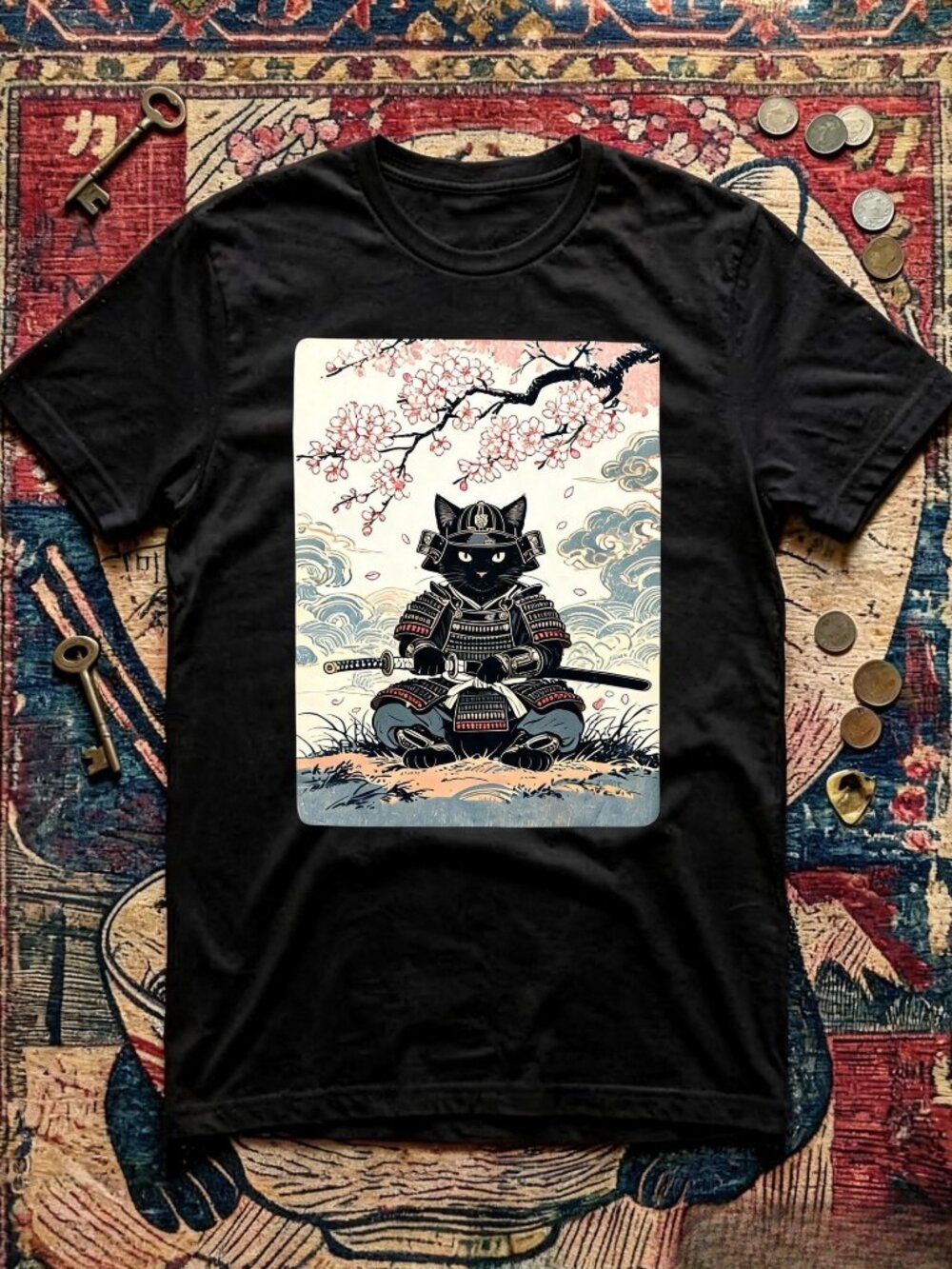 Vintage Japanese Samurai Cat Graphic T-Shirt Unisex Cotton Streetwear Y2K Tee